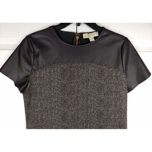 Michael‎ Kors Sheath Dress Brown Tweed Faux Leather Short Sleeve Womens 8